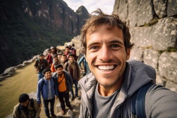 Portrait of a smiling young man taking a selfie in Machu Picchu, Peru