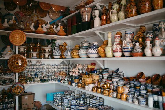 Close up view of ceramic objects, classic Moroccan crafts in Tetouan