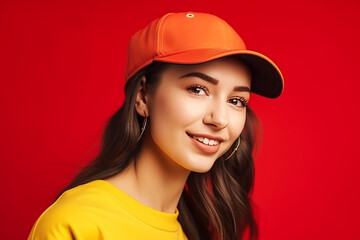 Naklejka premium Summer smiling young woman, wearing red baseball cap on red background, generative AI tools 