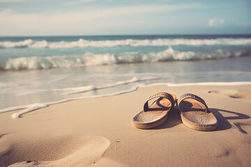 Summer vacation concept, Flip flops on a sandy ocean beach, generative AI tools 

