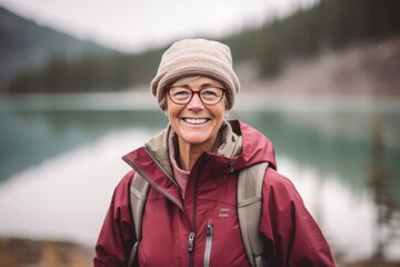 Portrait of smiling senior woman standing in front of mountain lake.