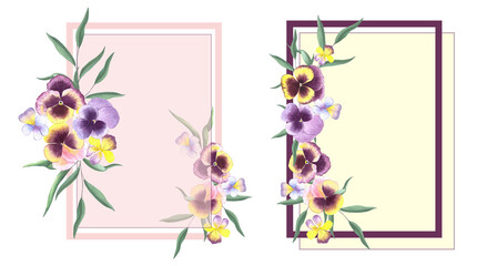 Postcards, frames with flowers. Watercolor pansies and frame. Save the date, invitation, postcard.