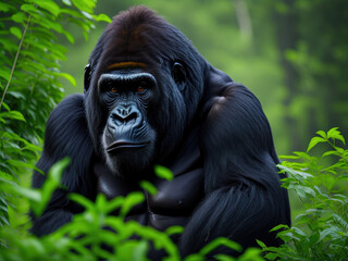A majestic gorilla in its natural habitat, surrounded by lush greenery in the heart of the forest. Generative AI, AI.