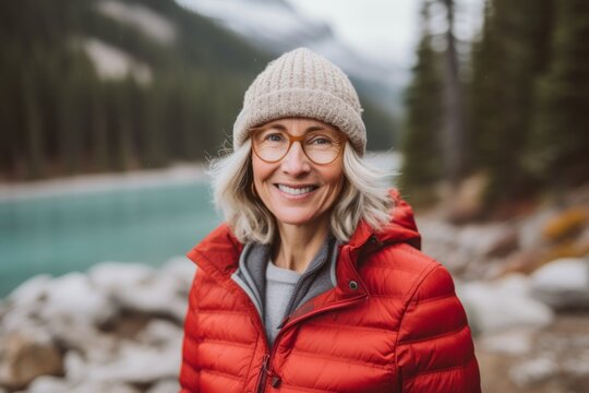 Portrait of happy senior woman standing by lake in mountains. She is wearing red jacket and hat.
