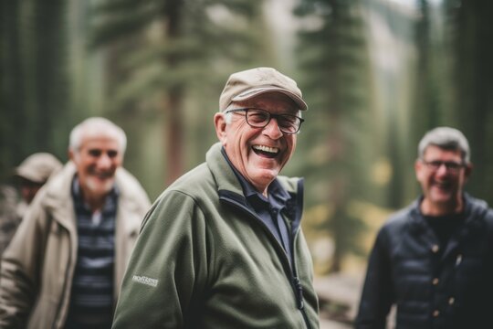 Lifestyle portrait photography of a pleased man in his 60s that is smiling with friends at the Banff National Park in Alberta Canada . Generative AI