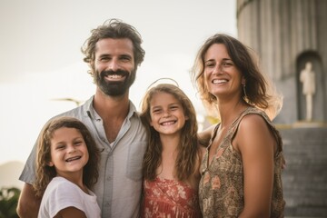 Obraz premium Portrait of happy family standing together in front of church in the city