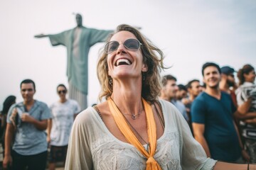 Lifestyle portrait photography of a pleased woman in her 40s that is smiling with friends at the Christ the Redeemer in Rio de Janeiro Brazil . Generative AI