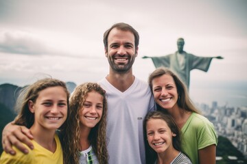 Portrait of young family with Jesus Christ on top of the mountain.