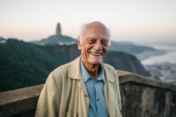Portrait of a smiling senior man on the top of a mountain