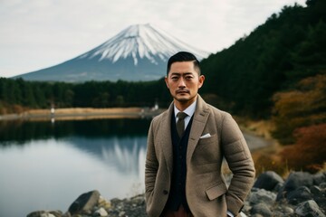 Fototapeta premium Young asian man in a coat on the background of mountain Fuji.