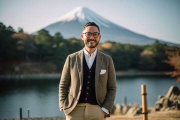 Handsome young man posing in front of a Mt. Fuji