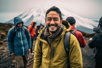 Fototapeta premium Lifestyle portrait photography of a pleased man in his 30s that is smiling with friends at the Mount Fuji in Honshu Island Japan . Generative AI