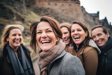 Group portrait photography of a pleased woman in her 40s that is smiling with friends at the Edinburgh Castle Scotland . Generative AI