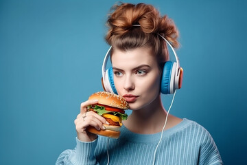 generative AI tools, Portrait of young woman listening to music in headphones with burger on blue background 