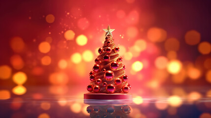 Christmas Tree With Ornament And Bokeh Lights In Red Background. Generative ai