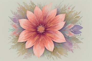 Watercolor drawing of a large pink flower as part of an abstract floral ornament. Generative AI
