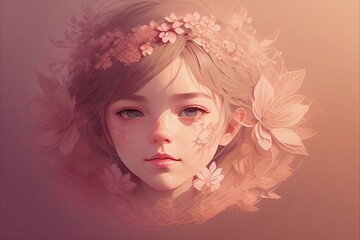 Watercolor stylized portrait of a girl in a floral ornament with a dreamy mood of the image. Generative AI