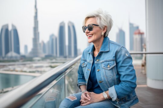 Beautiful mature woman in sunglasses sitting on the balcony in Dubai.