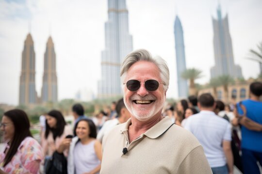 Handsome senior tourist man in Dubai, United Arab Emirates.