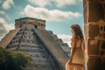 Lifestyle portrait photography of a pleased woman in her 30s that is with the family at the Chichen Itza Yucatan Mexico . Generative AI