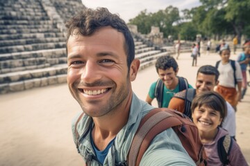 Cheerful young man taking a selfie with his friends at the Teotihuacan archaeological site in Mexico
