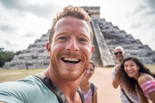 Portrait of happy tourists taking selfie in front of pyramid at Chichen Itza