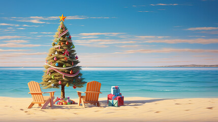 Decorated christmas tree on beach. Generative ai