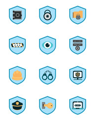 set of blue cyber security icons in the shape of a shield