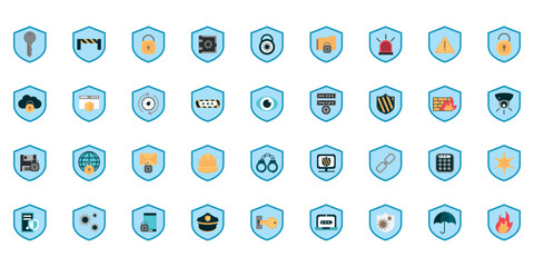 set of blue cyber security icons in the shape of a shield