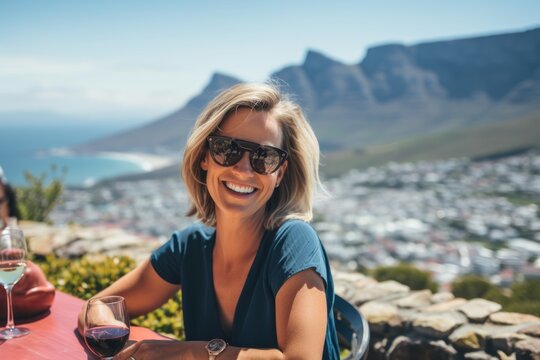 Lifestyle portrait photography of a satisfied woman in her 40s that is smiling with friends at the Table Mountain in Cape Town South Africa . Generative AI