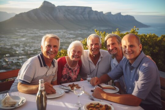 Portrait of happy senior friends having dinner at table on terrace