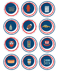 set of vector icons of the city of usa with with blue background