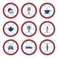 vector icon set of english culture with red and blue color borders