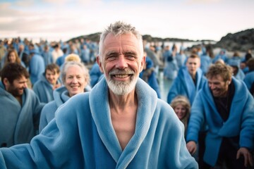 Portrait of happy senior man with gray hair and beard in blue bathrobe on the beach