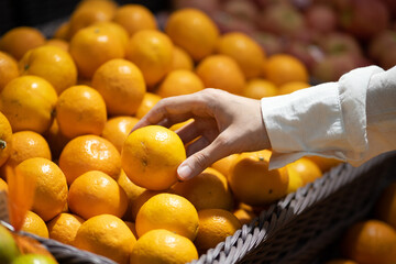 Closed up, woman choosing orange at the grocery store, female's hand pick up Sunkist orange in market, A woman takes a orange hand in the supermarket
