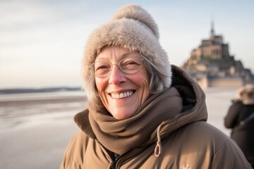 Portrait of a smiling senior woman on a frozen lake in winter