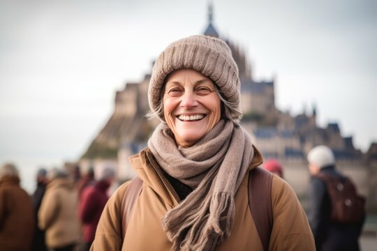 Portrait Of Happy Senior Woman In Front Of Notre Dame De Paris, France