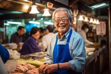Senior Japanese man selling food in a street food market in Taipei, Taiwan