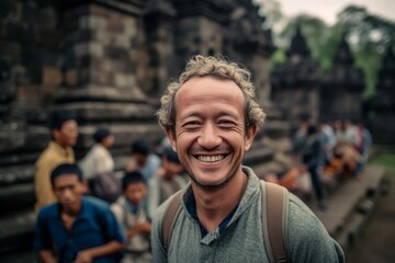 Fototapeta premium Portrait of a smiling man in front of a temple in Bali