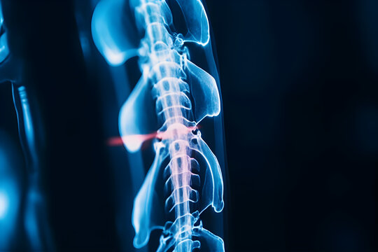 Blue toned x-rays on a black background in the hospital. The doctor diagnoses the pain in the patient's back bone using x-rays. MRI technology in the spine or spine.. 