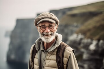 Fototapeta na wymiar Portrait of a senior man with a hiking backpack and hat standing on a cliff edge.