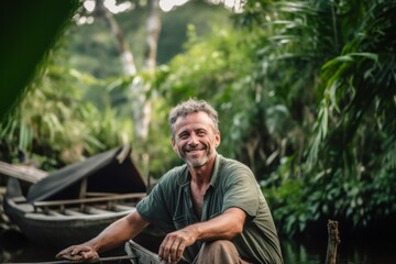 Portrait of a smiling senior man sitting on a boat in the jungle