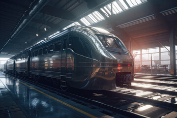 Naklejka premium A stationary train at a railway station, with its powerful engine and cars waiting to embark on a journey. Generative Ai, Ai.