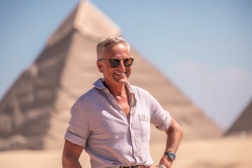Fototapeta na wymiar Portrait of happy senior man in front of egypt pyramids