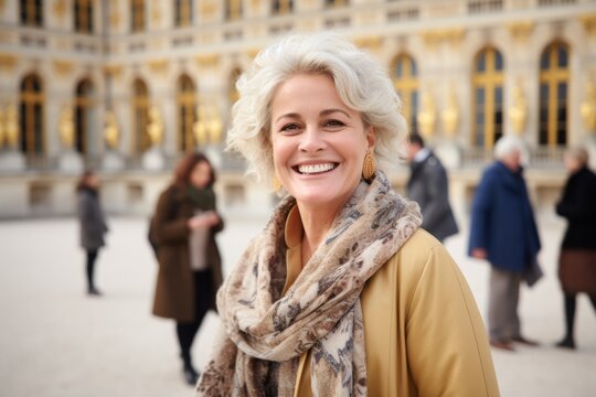 Group portrait photography of a pleased woman in her 50s that is smiling with friends at the Palace of Versailles in Versailles France . Generative AI