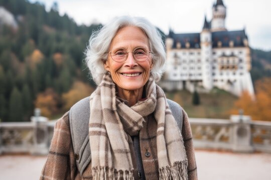 Portrait of a smiling senior woman in front of the castle in autumn