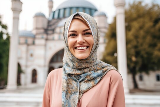 cheerful muslim woman in hijab smiling and looking at camera