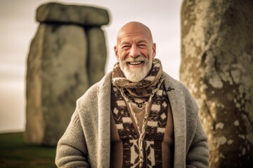 Portrait of happy senior man standing in front of stonehenge