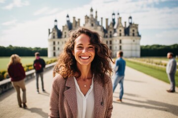 Portrait of a beautiful young woman with curly hair in front of the castle