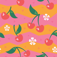 Cute, fun modern cherry fruit pattern with colorful stripes, flowers, shapes. Seamless vector repeat pattern.